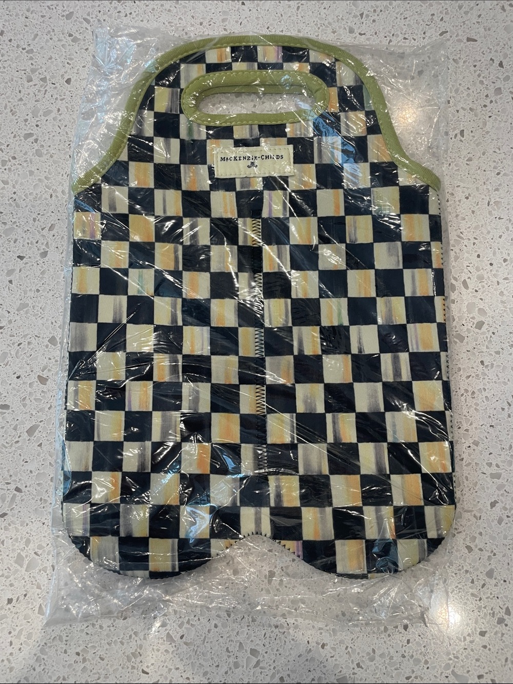 MacKenzie-Childs black, Cream & Yellow Checkered double wine tote